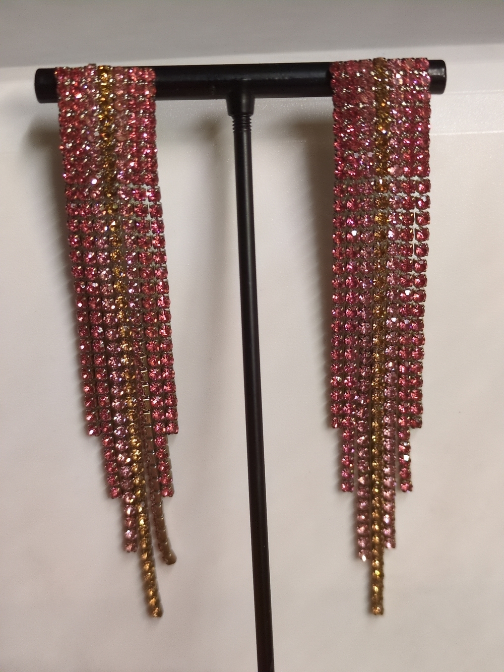 Elegant Pink and Gold Fringe Crystal Drop Earrings